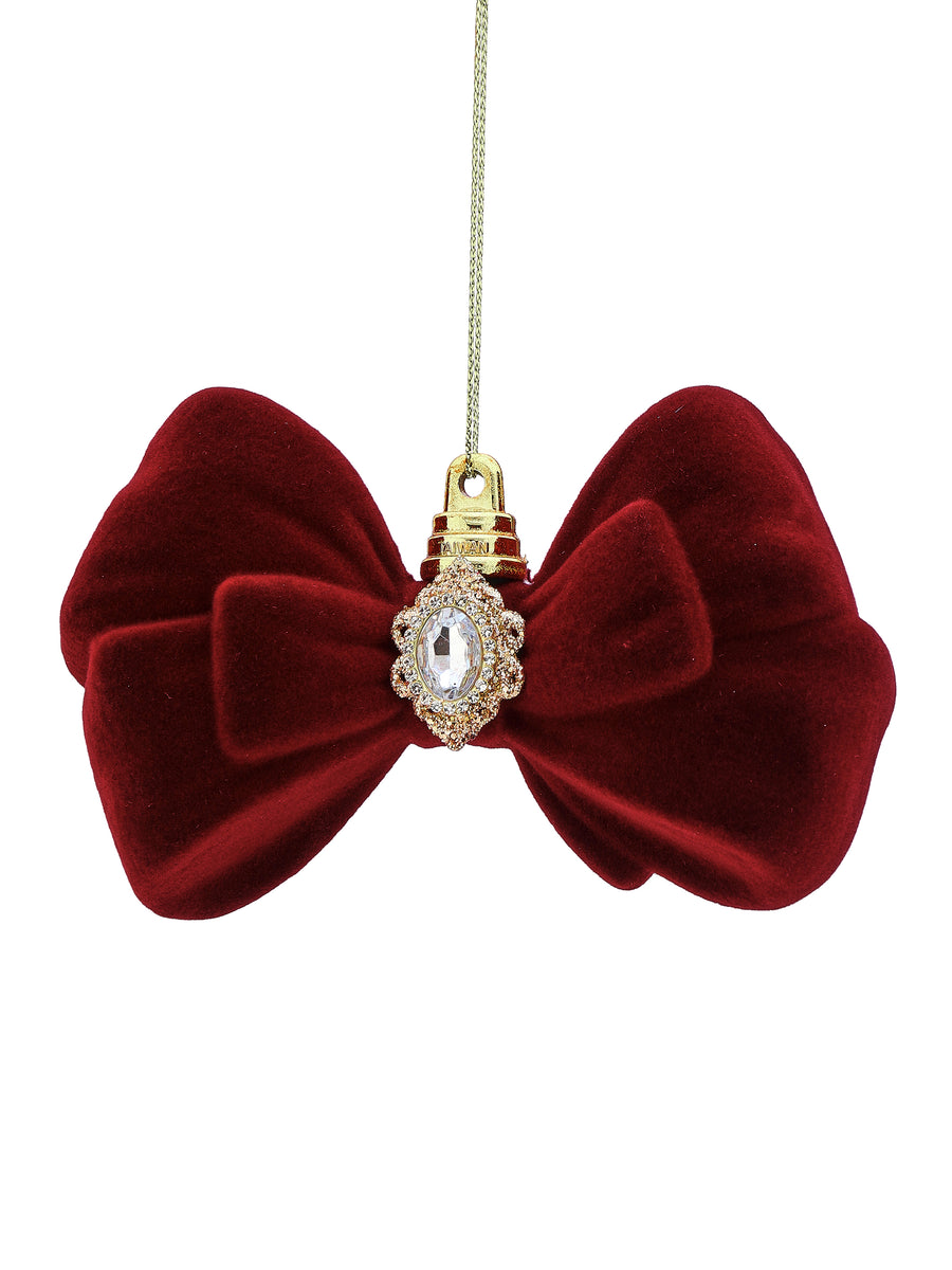 Nœud papillon décoratif de Noël floqué orné de bijoux – Bourgogne – 5 po