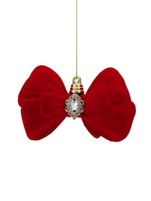 Nœud papillon décoratif de Noël floqué orné de bijoux – Rouge – 5 po