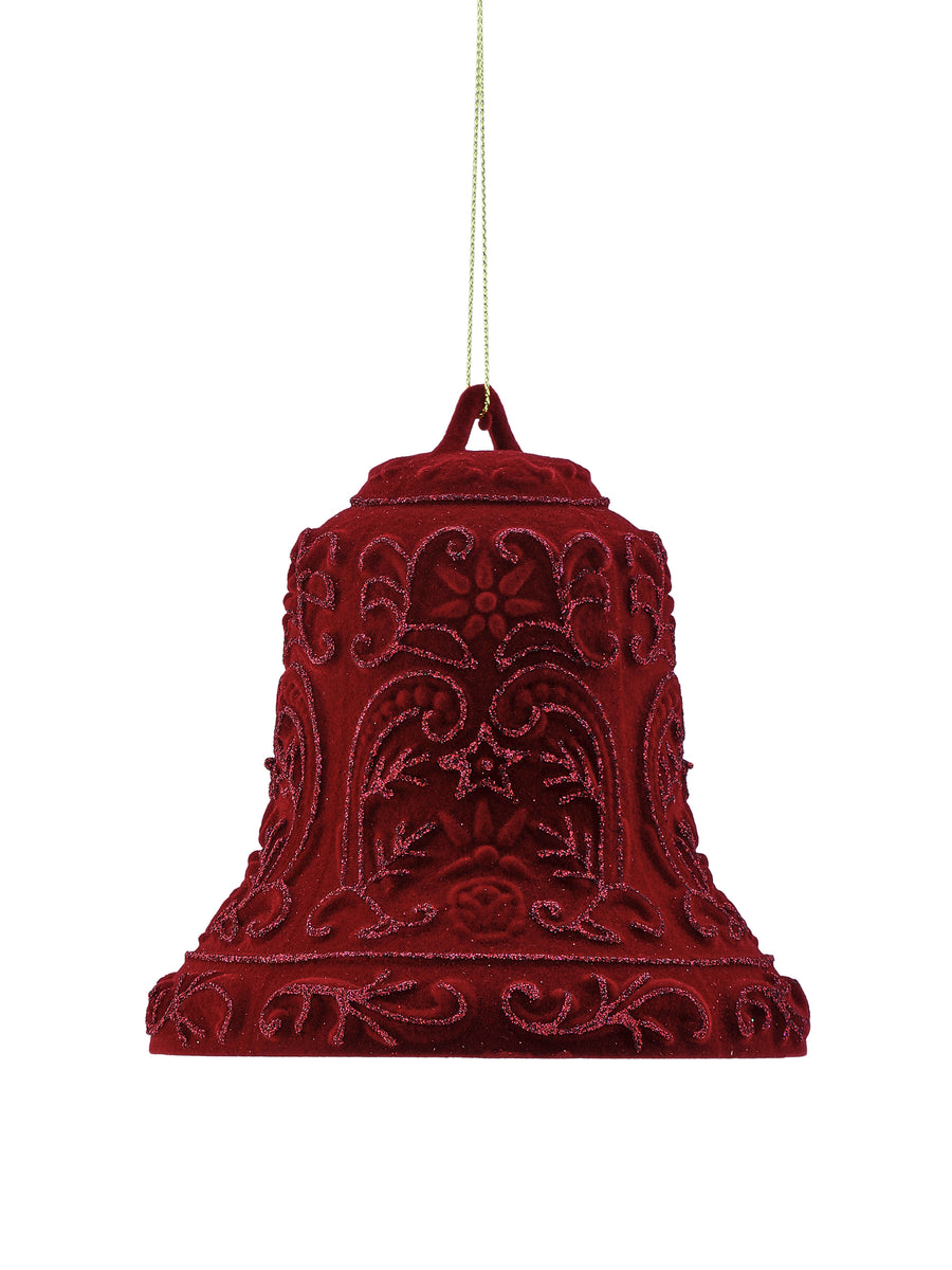 Ornement cloche de Noël floqué pailleté – Bourgogne – 5 po