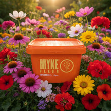 Contenant de MYKE Fleur mycorhizes placé au centre d’un jardin de fleurs coloré et abondant, entouré d’échinacées, cosmos, pétunias et autres floraisons éclatantes.