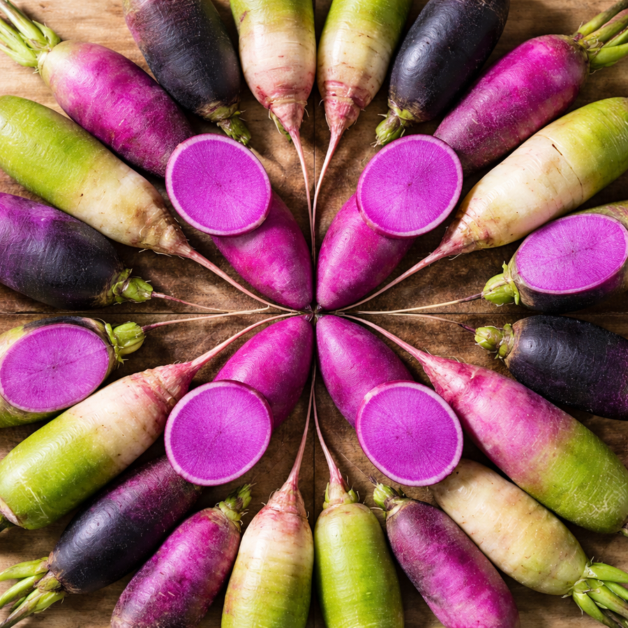 Kaleidoscopic mix of organic long radishes