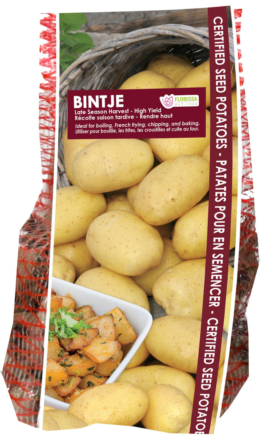 Pomme de terre ‘Bintje’ ( Solanum tuberosum ) : des pommes de terre à peau jaune présentées dans un sachet vertical. La présentation montre l’emballage avec une illustration du produit et son nom imprimé sur l’étiquette. Les informations sont regroupées sur la face visible, tandis que la photographie met en évidence le contenu ou la plante illustrée. Cette vue vous aide à reconnaître le produit présenté et son conditionnement.