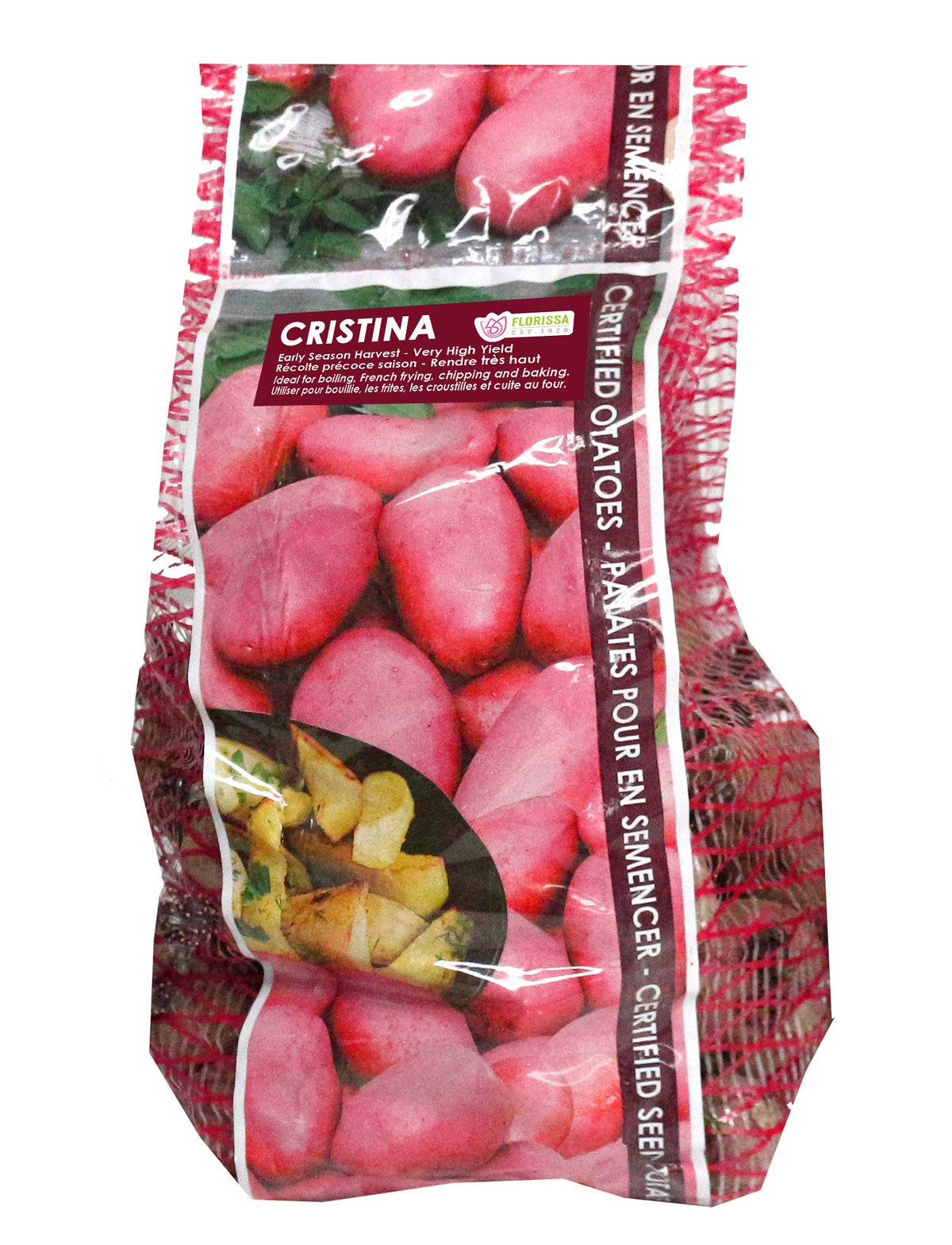 Pomme de terre ‘Cristina’ ( Solanum tuberosum ) : des pommes de terre à peau rouge présentées dans un sachet vertical. La présentation montre l’emballage avec une illustration du produit et son nom imprimé sur l’étiquette. Les informations sont regroupées sur la face visible, tandis que la photographie met en évidence le contenu ou la plante illustrée. Cette vue vous aide à reconnaître le produit présenté et son conditionnement.