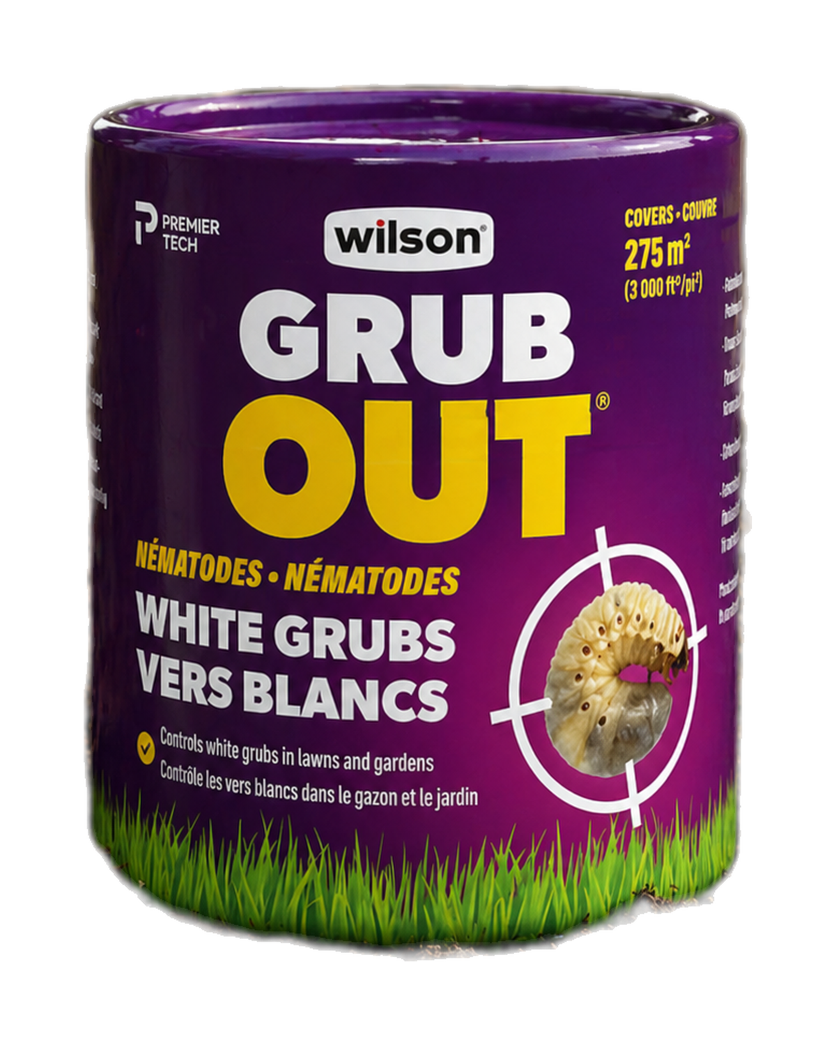 Contenant Wilson Grub Out Nématodes pour contrôler les vers blancs dans le gazon et le jardin, présenté sur un sol de terre avec un visuel de larve.