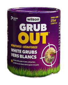 Contenant Wilson Grub Out Nématodes pour contrôler les vers blancs dans le gazon et le jardin, présenté sur un sol de terre avec un visuel de larve.