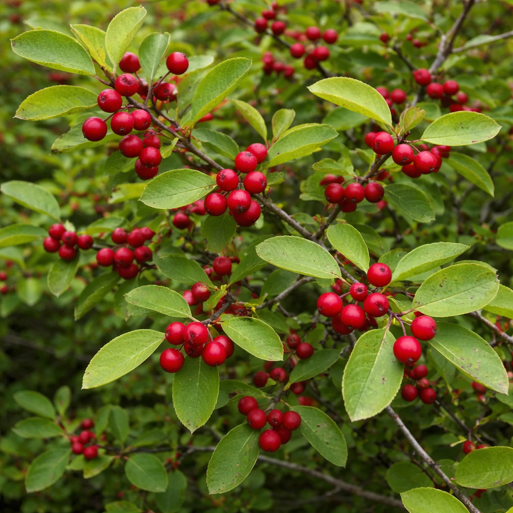 Némopanthe mucroné, arbuste indigène au feuillage vert et aux fruits décoratifs.