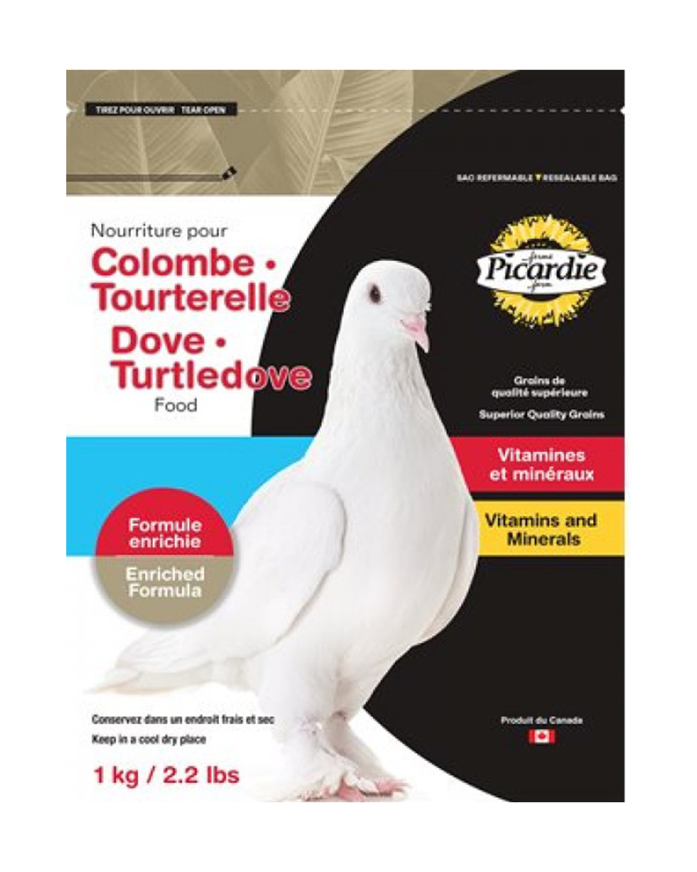 Nourriture vitaminée pour colombes et tourterelles Picardie – 1 kg — photo sur fond blanc