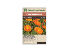 Sachet Single Orange de West Coast Seeds sur fond blanc. La photo centrale montre des fleurs orange vif sur des tiges vertes, avec des boutons et quelques têtes fanées entre les fleurs ouvertes. Le mot Calendula apparaît dans le bandeau orangé. Le nom Single Orange et le code FL2259 figurent dans la bande brune.