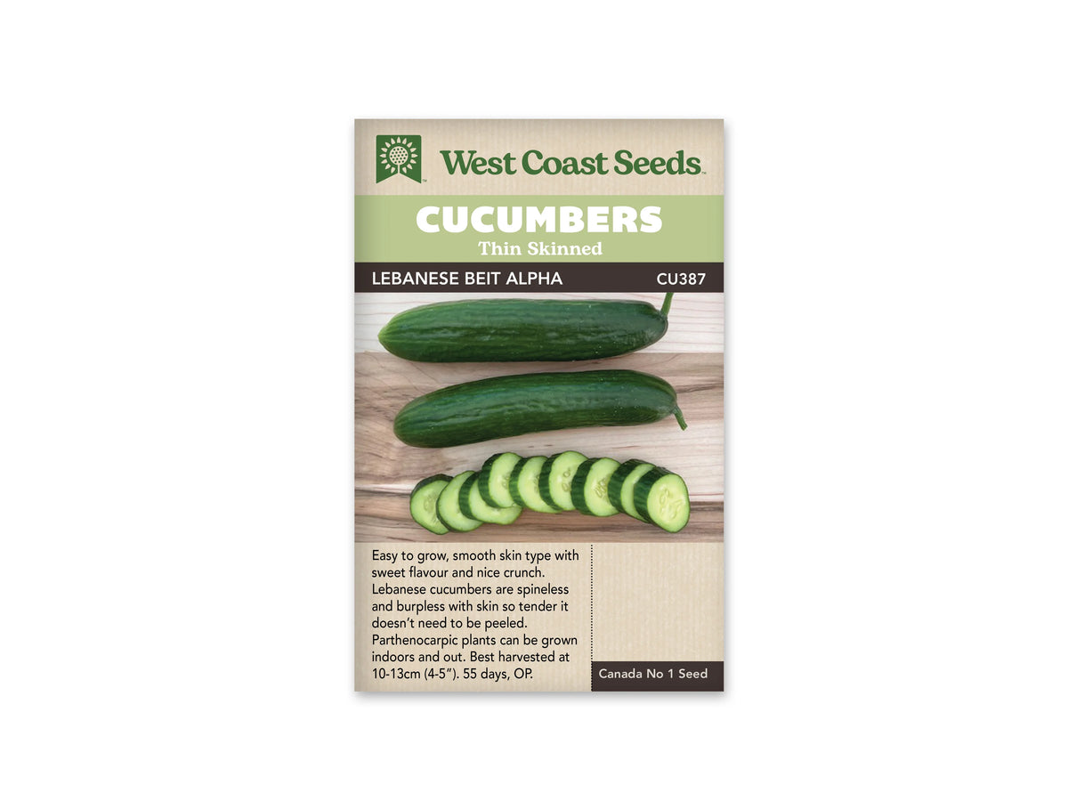 Sachet beige portant le nom Lebanese Beit Alpha sous une bande verte. Sur la photo centrale, deux concombres verts entiers reposent horizontalement sur des planches de bois. Une rangée de rondelles vert pâle est disposée devant eux et laisse voir les graines. Un texte descriptif anglais est imprimé sur la partie inférieure de l'emballage.