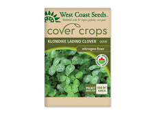 Sachet beige et vert West Coast Seeds de la gamme Cover Crops, portant le nom anglais Klondike Ladino Clover. La photographie montre un tapis de feuilles vertes à trois folioles, avec des gouttelettes d'eau visibles. Le logo biologique apparaît dans le coin inférieur gauche. Un encadré dans le coin inférieur droit annonce une couverture de 100 pieds carrés. Le sachet est présenté sur un fond blanc.