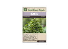 Sachet West Coast Seeds de Basilic thaï ‘Thai Tower’, présenté de face sur fond blanc. La photographie centrale montre le sommet d’un basilic dense, avec de nombreuses petites feuilles vertes et des tiges sombres. Le feuillage se détache sur un arrière-plan végétal flou. Un bandeau mauve indique BASIL, au-dessus du nom imprimé sur fond foncé. Le bas beige contient un texte descriptif en anglais.