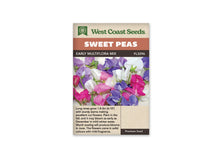 Sachet West Coast Seeds Early Multiflora Mix illustré de fleurs de pois de senteur roses, blanches et violettes. Les corolles sont serrées devant un fond clair, avec quelques tiges vertes entre les pétales. Des fleurs rose vif contrastent avec le blanc et les tons mauves. Les grandes surfaces colorées remplissent presque toute la photo.