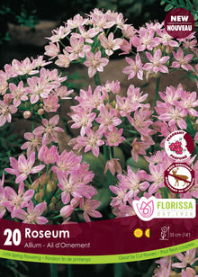 Ail rosé ( Allium roseum ) : des bouquets de petites fleurs étoilées roses. Le visuel Florissa présente la plante et son nom dans la partie inférieure de l’étiquette. La photographie occupe presque toute la surface, tandis que le bandeau du bas rassemble les indications du produit. Cette vue permet de reconnaître son apparence et de distinguer la variété présentée.
