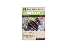 Sachet Little Finger de West Coast Seeds, avec une bande vert pâle et le nom sur fond sombre. La photo montre un groupe de petites aubergines longues et violettes, aux calices verts, posées dans un panier gris clair. Un logo biologique apparaît à droite. Le bas du sachet porte du texte sur fond beige.