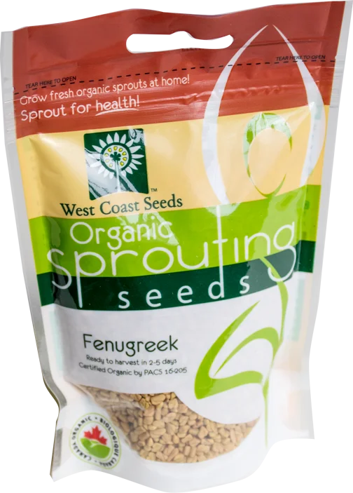 Sachet West Coast Seeds à partie supérieure rouge, avec une étiquette vert jaune portant le nom anglais Fenugreek. La fenêtre transparente laisse voir des graines anguleuses jaune beige. Le bas blanc de l'emballage présente le logo biologique canadien et les indications de germination. Le délai de 2 à 5 jours est visible sur le devant.