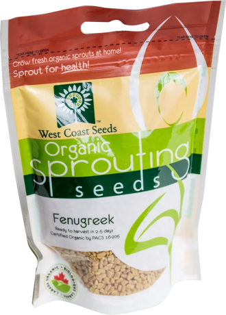 Sachet West Coast Seeds à partie supérieure rouge, avec une étiquette vert jaune portant le nom anglais Fenugreek. La fenêtre transparente laisse voir des graines anguleuses jaune beige. Le bas blanc de l'emballage présente le logo biologique canadien et les indications de germination. Le délai de 2 à 5 jours est visible sur le devant.