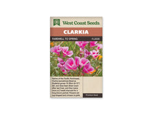 Sachet Farewell to Spring de West Coast Seeds sur fond blanc. La photo montre plusieurs fleurs roses en coupe, aux pétales plus clairs sur les bords et marqués de rose vif au centre. Des tiges et feuilles vertes les entourent. Le bandeau orangé indique Clarkia; la référence FL2038 apparaît près du nom dans la bande brune.