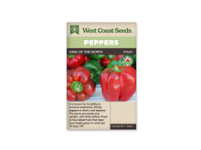 Sachet West Coast Seeds de poivron King of the North, avec un bandeau vert pâle marqué Peppers. La photo montre plusieurs gros fruits rouges lobés, avec des poivrons verts en arrière-plan. Un fruit rouge se trouve au premier plan à droite. Le code PP693 et un logo biologique sont visibles sur la face du sachet.