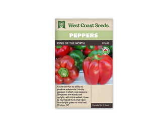 Sachet West Coast Seeds de poivron King of the North, avec un bandeau vert pâle marqué Peppers. La photo montre plusieurs gros fruits rouges lobés, avec des poivrons verts en arrière-plan. Un fruit rouge se trouve au premier plan à droite. Le code PP693 et un logo biologique sont visibles sur la face du sachet.