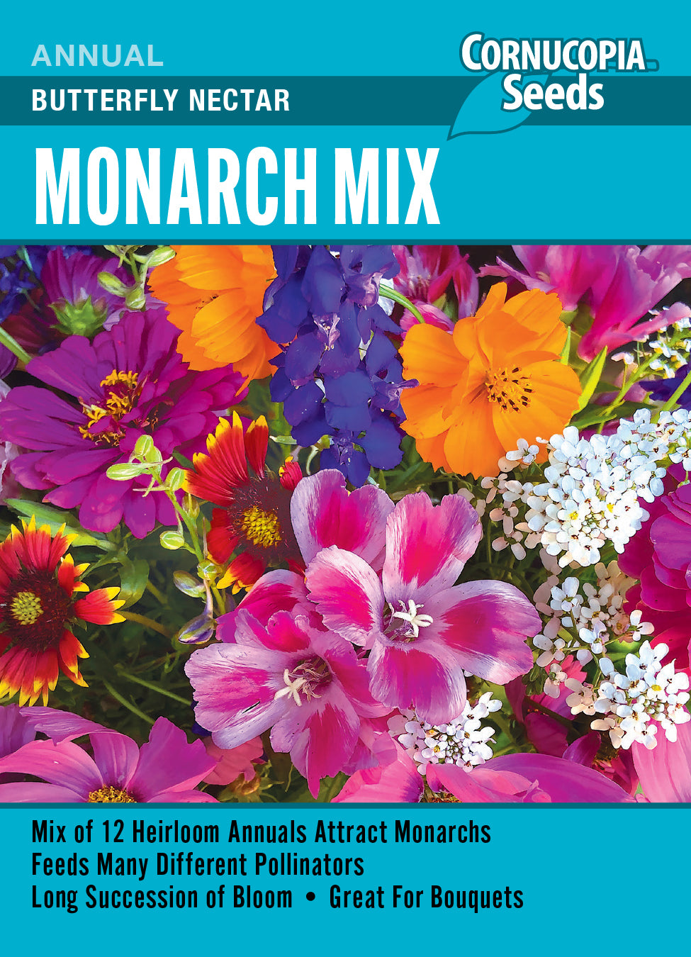Visuel officiel de Cornucopia associé aux semences de Mélange de fleurs Monarch Butterfly Nectar, référence CS345. Ce mélange est destiné aux plantations fleuries accueillant les papillons. Les fleurs permettent de diversifier les ressources florales présentes au jardin pendant la saison. Cette image accompagne la fiche de cette sélection et permet de repérer le produit correspondant dans le catalogue de semences.