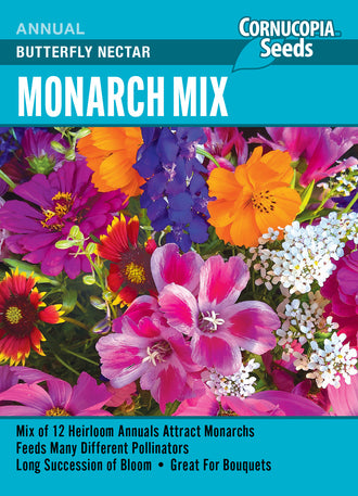 Visuel officiel de Cornucopia associé aux semences de Mélange de fleurs Monarch Butterfly Nectar, référence CS345. Ce mélange est destiné aux plantations fleuries accueillant les papillons. Les fleurs permettent de diversifier les ressources florales présentes au jardin pendant la saison. Cette image accompagne la fiche de cette sélection et permet de repérer le produit correspondant dans le catalogue de semences.