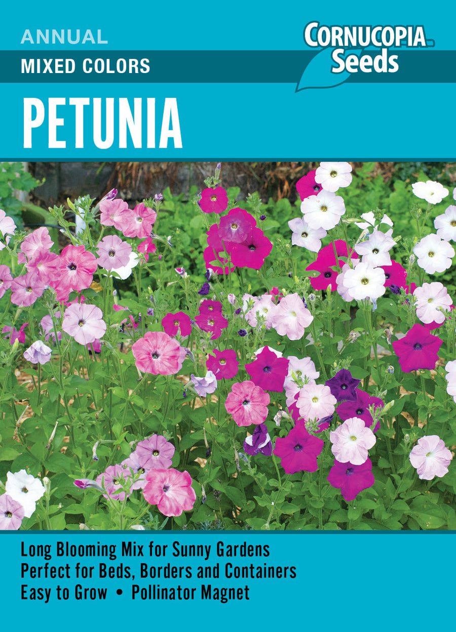 Visuel officiel de Cornucopia associé aux semences de Pétunia en mélange, référence CS348. Cette référence propose des pétunias de différentes couleurs. Ils se cultivent pour la floraison saisonnière dans les massifs, les jardinières et les contenants. Cette image accompagne la fiche de cette sélection et permet de repérer le produit correspondant dans le catalogue de semences.