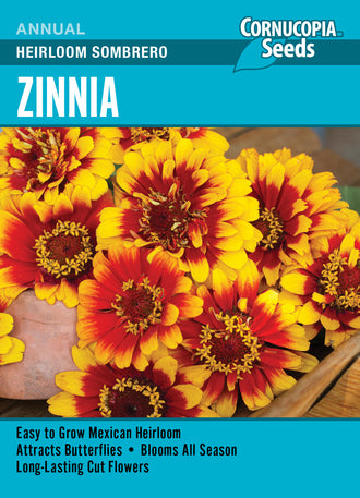 Visuel officiel de Cornucopia associé aux semences de Zinnia ‘Sombrero’, référence CS354. Cette référence propose la variété ancienne de zinnia Sombrero. La culture permet de garnir les plantations de saison chaude avec des fleurs décoratives. Cette image accompagne la fiche de cette sélection et permet de repérer le produit correspondant dans le catalogue de semences.