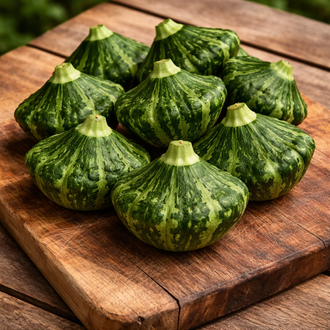Photographie de Pâtisson (Cucurbita pepo ‘Green Lightning’), sélection proposée en semences W.H. Perron. Le visuel présente l’apparence de la plante ou de sa récolte et permet d’en observer les formes et les couleurs. Cette vue illustre les caractéristiques visibles de la sélection, dans une présentation destinée à accompagner son identification et à montrer son intérêt au jardin.