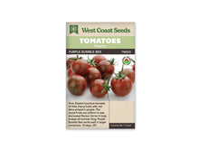 Sachet West Coast Seeds avec les mentions Tomatoes, Cherry et Purple Bumble Bee. La photo montre des tomates rondes rouge sombre à brun pourpre, marquées de rayures vertes. Plusieurs fruits gardent leur calice. Un petit logo biologique rond apparaît à droite. Le nom de la variété figure sur une bande foncée sous le bandeau vert.