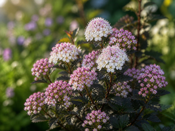 Physocarpus opulifolius en fleurs avec feuillage décoratif.