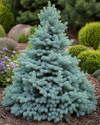 Un petit conifère bleu gris forme un cône pointu dense aux branches étagées serrées. Un paillis brun, des pierres pâles, des fleurs violettes et des arbustes verts arrondis entourent sa base. Le cadrage réunit les contours, les couleurs et les textures visibles. Les zones claires contrastent avec les ombres plus profondes. Des formes voisines se superposent par endroits et permettent de suivre la composition du sujet représenté dans cette image.