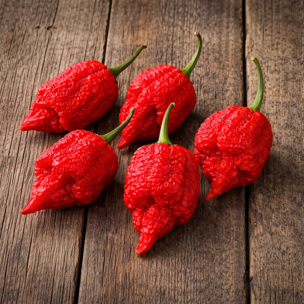 Organic red ‘Carolina Reaper’ hot pepper (<em>Capsicum chinense</em> ‘Carolina Reaper’)