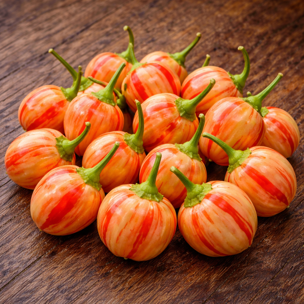 Peppapeach Striped pepper (<em>Capsicum baccatum</em> ‘Peppapeach Striped’)