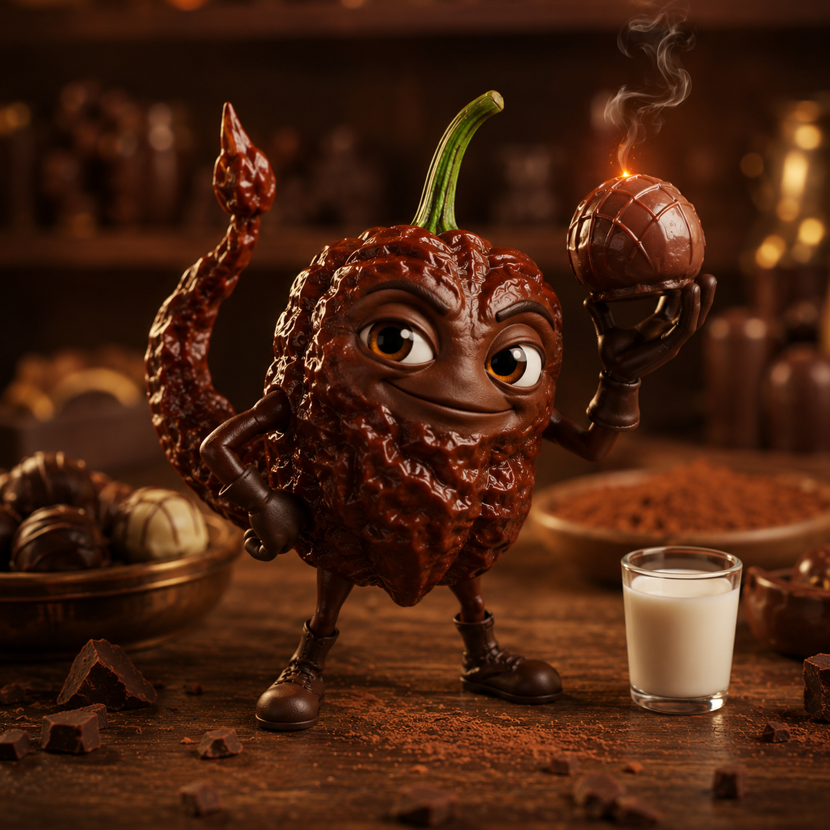 Illustration d’un piment brun personnifié, à la peau bosselée et au pédoncule vert, debout sur une table couverte de poudre et de morceaux de chocolat. Le personnage sourit et tient une sphère chocolatée surmontée d’une petite flamme. Une longue queue recourbée évoque un scorpion. Un verre de lait et des chocolats complètent cette scène aux tons chauds.