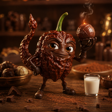 Illustration d’un piment brun personnifié, à la peau bosselée et au pédoncule vert, debout sur une table couverte de poudre et de morceaux de chocolat. Le personnage sourit et tient une sphère chocolatée surmontée d’une petite flamme. Une longue queue recourbée évoque un scorpion. Un verre de lait et des chocolats complètent cette scène aux tons chauds.