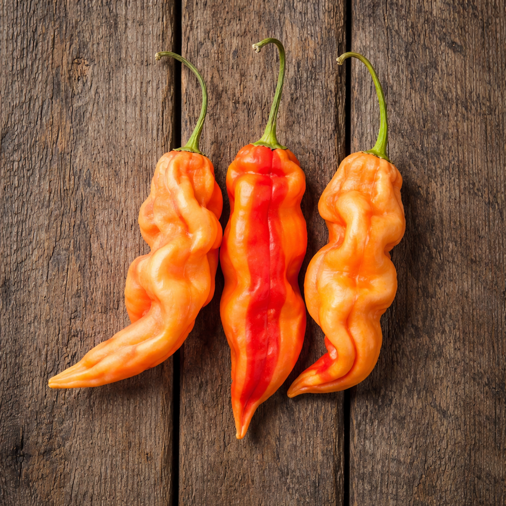 Trois piments ‘Sugar Rush Stripey’ mûrs sont alignés verticalement sur des planches de bois brun vieilli. Les fruits allongés, plissés et légèrement courbés présentent un fond pêche crème à orange marqué de bandes rouges irrégulières. Le fruit central porte la rayure rouge la plus large, tandis que les deux autres sont plus pâles. De longs pédoncules verts restent attachés et accentuent leur silhouette étroite et pointue.
