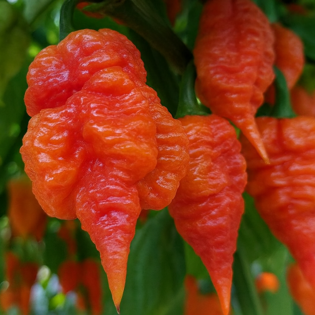 Gros plan de plusieurs piments ‘Death Spiral’ mûrs sur le plant. Les fruits rouge orangé sont fortement ridés, boursouflés et torsadés, avec des lobes irréguliers et une longue pointe effilée. Le fruit principal occupe l’avant-plan, tandis que d’autres piments pendent parmi des tiges et un feuillage verts légèrement flous. L’image montre fidèlement la texture tourmentée et la forme caractéristique du cultivar.