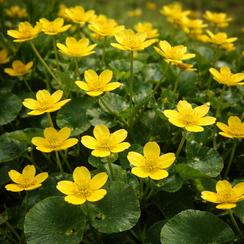 Populage des marais en fleurs, plante de milieu humide aux fleurs jaunes.