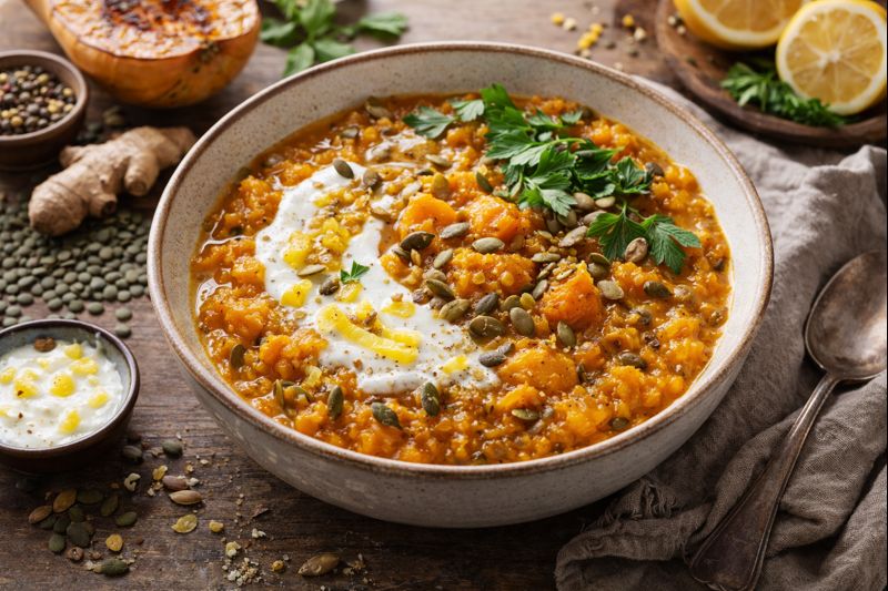 Potage de courge rôtie aux lentilles, gingembre et citron confit