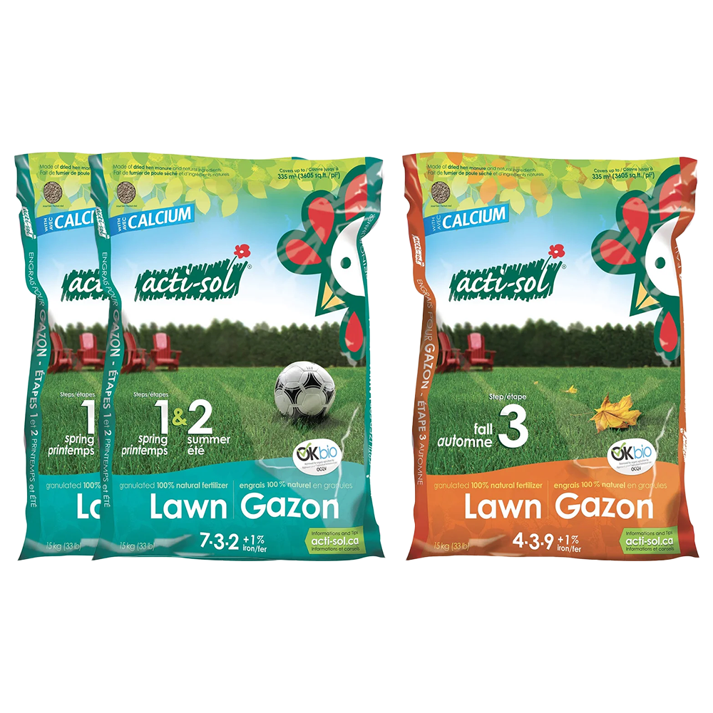 Deux sacs d’engrais naturel Acti-Sol pour gazon, avec formule 7-3-2 pour le printemps et l’été et formule 4-3-9 pour l’automne, illustrant un programme de fertilisation complet pour pelouse.