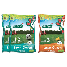 Deux sacs d’engrais naturel Acti-Sol pour gazon, avec formule 7-3-2 pour le printemps et l’été et formule 4-3-9 pour l’automne, illustrant un programme de fertilisation complet pour pelouse.