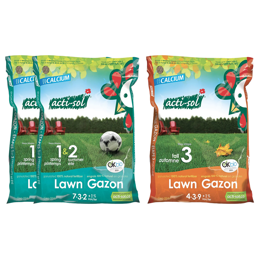 Deux sacs d’engrais naturel Acti-Sol pour gazon, avec formule 7-3-2 pour le printemps et l’été et formule 4-3-9 pour l’automne, illustrant un programme de fertilisation complet pour pelouse.