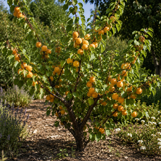 Un petit arbre ramifié porte de nombreux fruits ronds orange doré dans son feuillage vert; le sol paillé brun et des plantes fleuries entourent sa base. Le feuillage forme une couronne au-dessus du tronc et des branches visibles. Les feuilles vertes remplissent le haut de la vue, tandis que le sol apparaît sous l’arbre. La végétation environnante situe l’arbre dans son cadre.