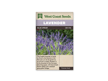 Sachet de lavande Blue Spear West Coast Seeds présenté de face sur fond blanc. La photographie montre de nombreux épis bleus à violets sur des tiges dressées au-dessus du feuillage vert grisâtre. Le bandeau mauve porte le mot LAVENDER et la bande foncée indique BLUE SPEAR. Le texte de présentation en anglais occupe la partie beige inférieure.