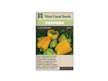Sachet West Coast Seeds de poivron Flavourburst, avec un bandeau vert pâle portant le mot Peppers. La photo présente des fruits jaunes allongés et lobés parmi des poivrons vert clair et des feuilles vertes. Le nom Flavourburst et le code PP634 apparaissent sur une bande sombre, au-dessus de cette récolte aux couleurs vives.
