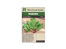 Sachet West Coast Seeds Sai Sai Purple montrant plusieurs feuilles de radis posées sur une planche en bois. Le limbe est vert, avec des bords découpés et des nervures roses. Les pétioles pourprés se croisent au bas de la photo. Le nom de la sélection figure dans le bandeau brun, sous le titre vert.