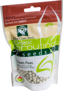 Sachet West Coast Seeds à partie supérieure rouge, avec une étiquette vert jaune portant le nom anglais Green Peas. La fenêtre transparente laisse voir de grosses graines arrondies vert pâle et beige. Le bas blanc de l'emballage présente le logo biologique canadien et les indications de germination. Le délai de 2 à 3 jours est visible sur le devant.