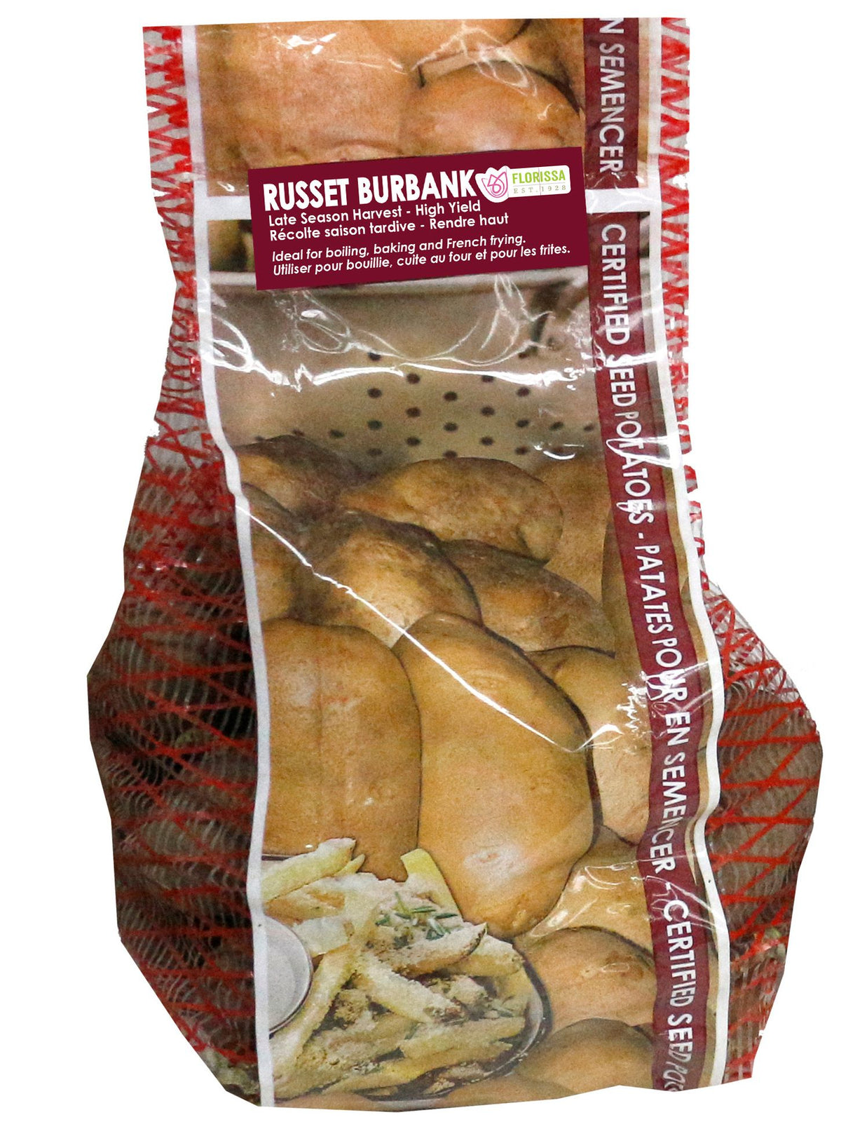 Pomme de terre ‘Russet Burbank’ ( Solanum tuberosum ) : un sachet vertical de pommes de terre brunes avec une illustration culinaire. La présentation montre l’emballage avec une illustration du produit et son nom imprimé sur l’étiquette. Les informations sont regroupées sur la face visible, tandis que la photographie met en évidence le contenu ou la plante illustrée. Cette vue vous aide à reconnaître le produit présenté et son conditionnement.