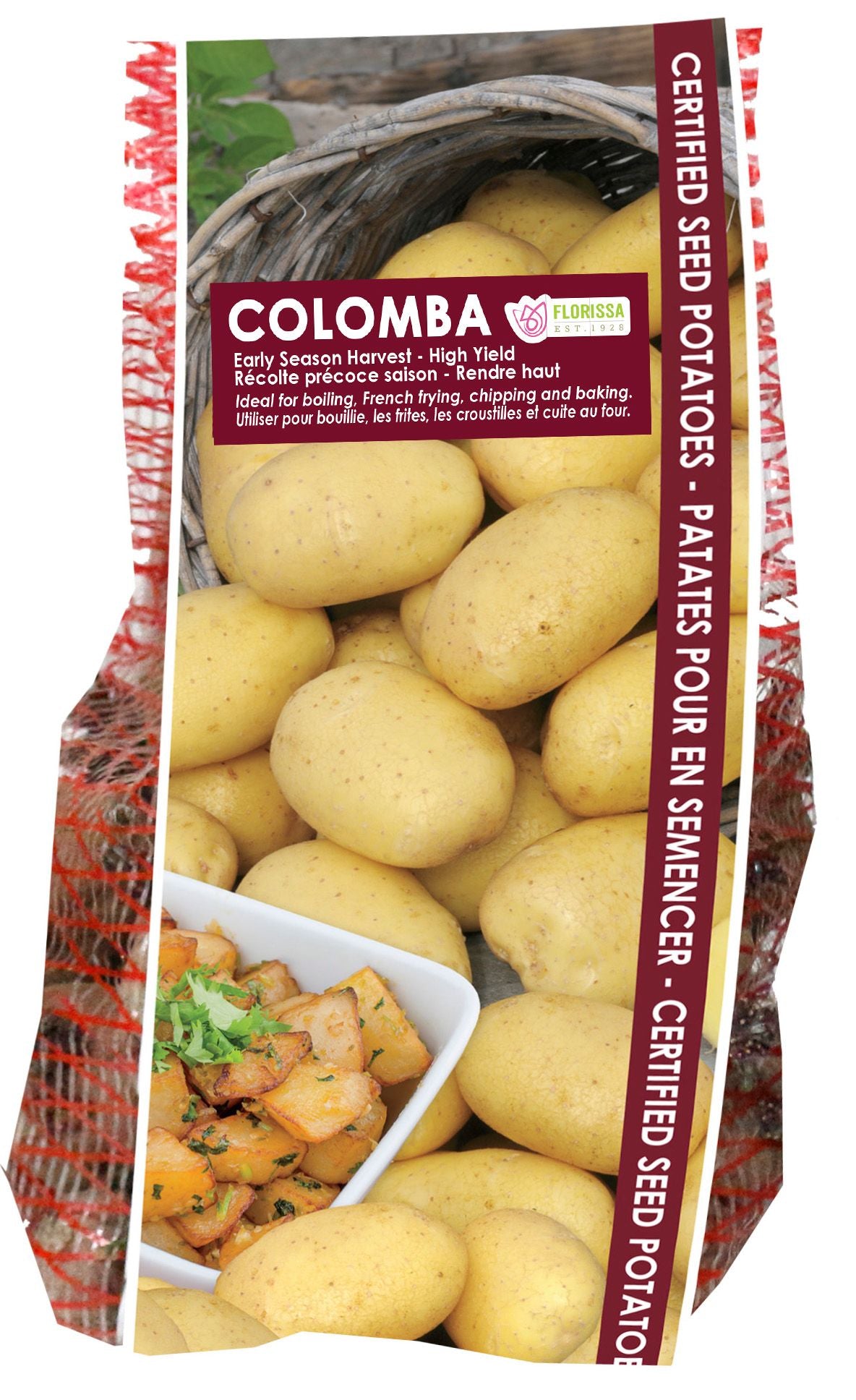 Pomme de terre ‘Colomba’ ( Solanum tuberosum ) : un sachet vertical de pommes de terre jaunes avec son étiquette variétale. La présentation montre l’emballage avec une illustration du produit et son nom imprimé sur l’étiquette. Les informations sont regroupées sur la face visible, tandis que la photographie met en évidence le contenu ou la plante illustrée. Cette vue vous aide à reconnaître le produit présenté et son conditionnement.