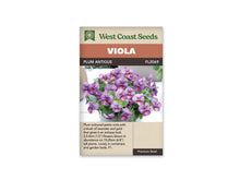 Sachet West Coast Seeds Plum Antique montrant une potée de petites fleurs mauves et prune. Des nuances plus claires occupent le haut des pétales, avec des touches dorées près du centre. Le feuillage vert remplit le contenant posé sur une surface claire. Le nom Plum Antique apparaît dans le bandeau brun.